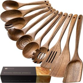 10 Pack Wooden Cooking Spoons, Acacia Wood Kitchen Utensil Set, Durable Wooden Tools For Cooking, Stirring, Mixing, Serving & Baking (Option: MULTI)