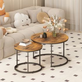 Nesting Coffee Table Set of 2, 27.6inch Round Coffee Table Industrial Wood Finish with Sturdy Metal Frame, End Table Side Tables for Living Room (Option: Rustic Brown)