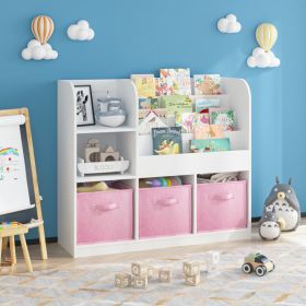 Kids Bookcase and Bookshelf, Multifunctional Bookcase with 3 Collapsible Fabric Drawers, Bookcase Display Stand, Toy Storage Organizer for Bedroo (Option: White+Pink)