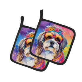 Shih Tzu Hippie Dawg Pair of Pot Holders Kitchen Heat Resistant Pot Holders Sets Oven Hot Pads for Cooking Baking BBQ, 7 1/2 x 7 1/2 (Option: Default)