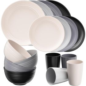 16 Piece Plates And Bowls Set For 4, Plastic Dinnerware Set, Lightweight Reusable Tableware For Home, Kitchen, Camping & Grey (Option: Gray)