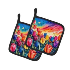 Colorful Tulips Pair of Pot Holders Kitchen Heat Resistant Pot Holders Sets Oven Hot Pads for Cooking Baking BBQ, 7 1/2 x 7 1/2 (Option: Default)