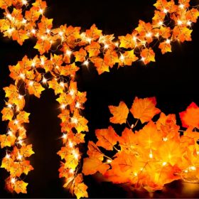 2-Pack Lighted Fall Garland 16.4ft Total, 40 LED Autumn Maple Leaf String Lights For Harvest & Thanksgiving Decor (Option: Orange Yellow)