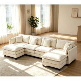 Modern 4seats with 2ottoman 149.61"Sectional Sofa with Waist Pillows,4-seat Upholstered Symmetrical Sofa Furniture,Sleeper Sofa Couch with Chaise (Option: Antique White)